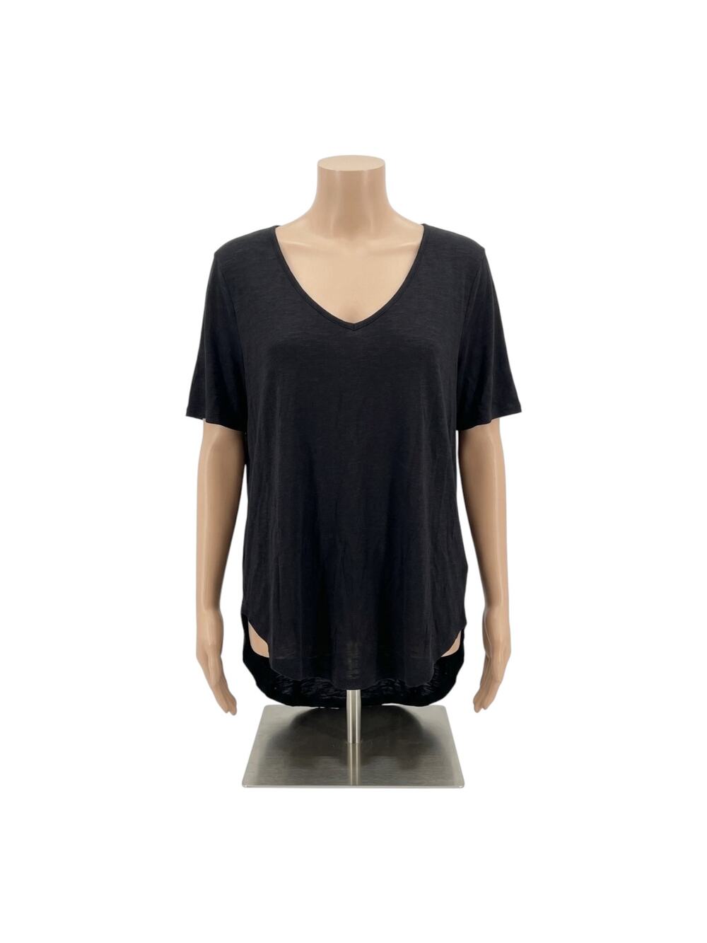 24/7 Maurices Black V-Neck Hi Lo Hem Soft Rayon Tee Top Shirt Large L